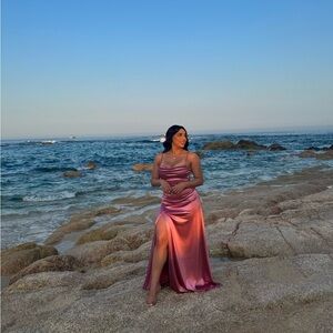 Women's medium satin pink gown with mid slit